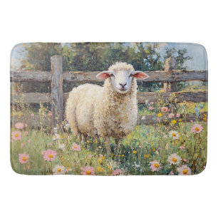 Spring Sheep with Wildflowers Painting Bath Mat