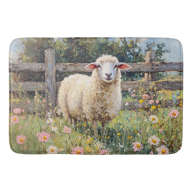 Spring Sheep with Wildflowers Painting Bath Mat (Front)