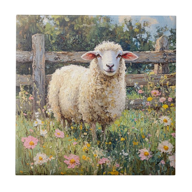 Spring Sheep with Wildflowers Painting Ceramic Tile (Front)