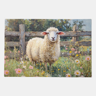 Spring Sheep with Wildflowers Painting Doormat