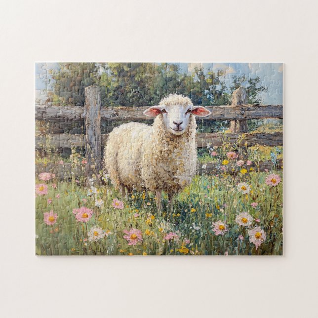 Spring Sheep with Wildflowers Painting Jigsaw Puzzle (Horizontal)