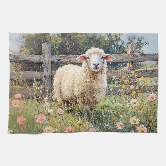 Spring Sheep with Wildflowers Painting Kitchen Towel (Horizontal)