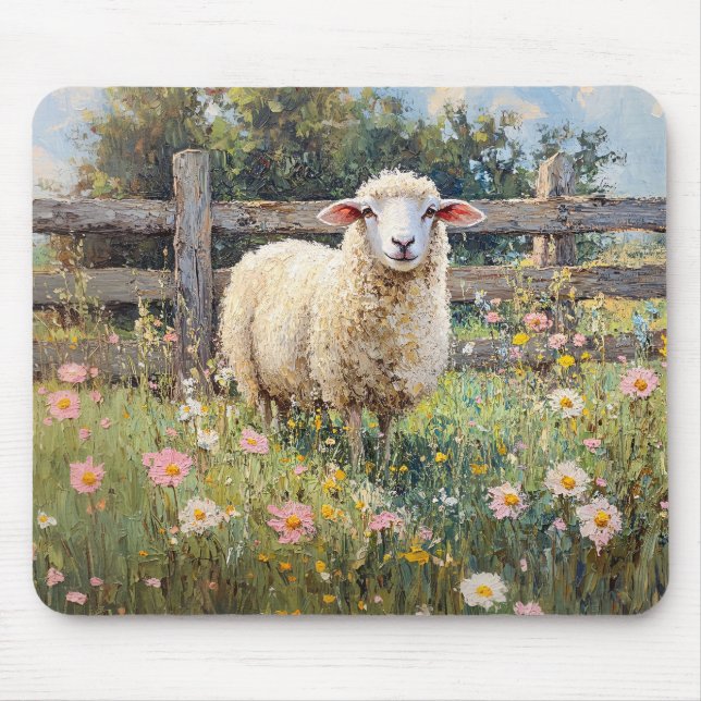 Spring Sheep with Wildflowers Painting Mouse Pad (Front)