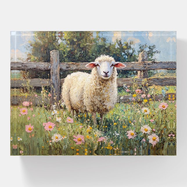 Spring Sheep with Wildflowers Painting Paperweight (Front)