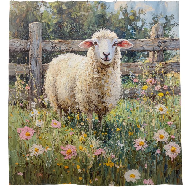 Spring Sheep with Wildflowers Painting Shower Curtain (Front)