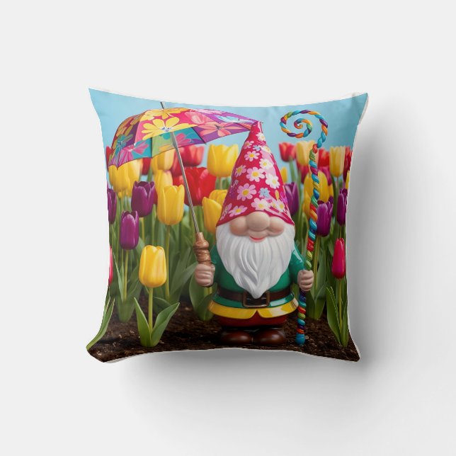 Spring Shower Gnome: Mother's Day Throw Pillow (Front)
