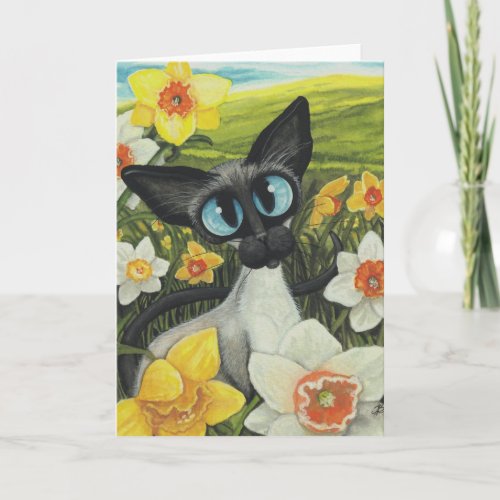 Spring Siamese Cat Easter Daffodils by BiHrLe Holiday Card