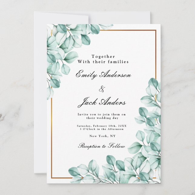 spring simple green gold elegant Eucalyptus  Invitation (Front)