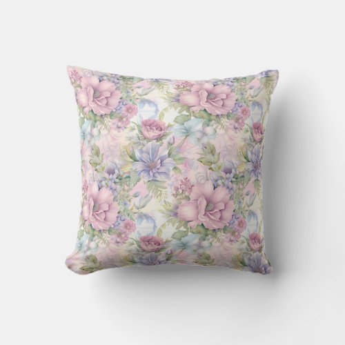 Spring soft pastel flowers blue and pink tartan throw pillow
