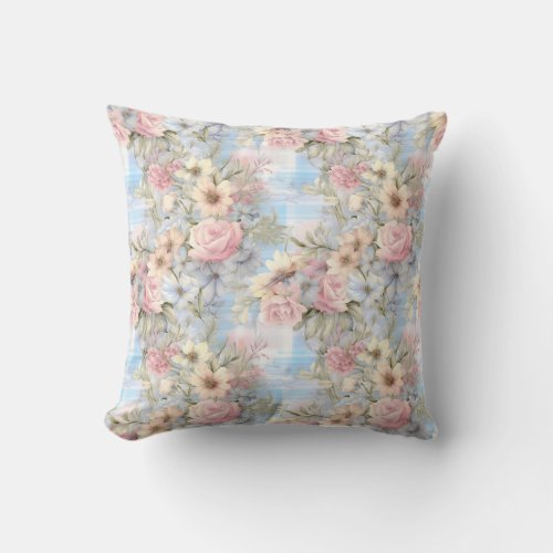 Spring soft pastel flowers blue and pink tartan throw pillow