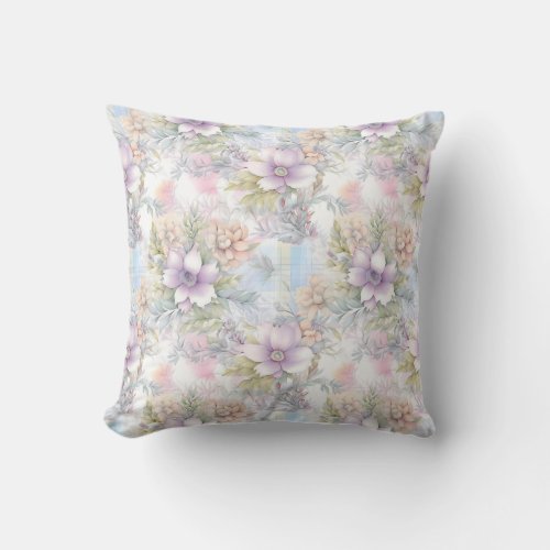 Spring soft pastel flowers blue purple tartan throw pillow