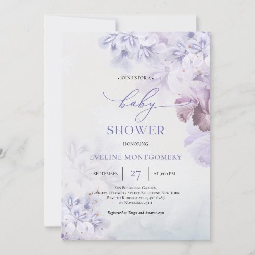 Spring soft purple flowers dusty blue Baby Shower  Invitation