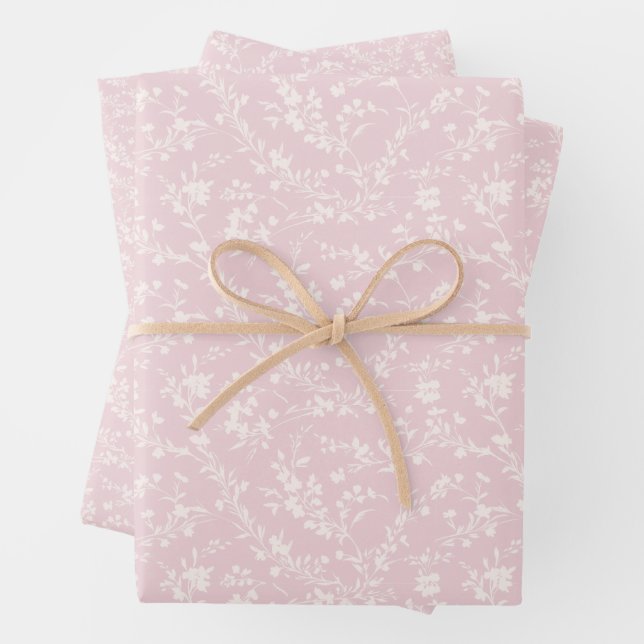 Spring Sprigs Neutral - Blush Pink Wrapping Paper Sheets (In situ)