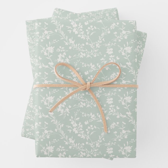Spring Sprigs Neutral - Muted Sage Wrapping Paper Sheets (In situ)