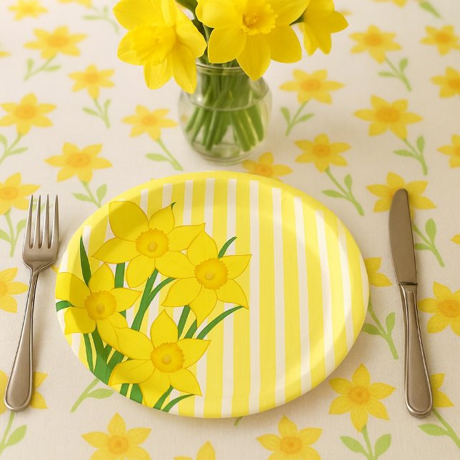 Spring Style Daffodils with Yellow Stripes Paper Plates (cheerful yellow daffodils paper plate for spring gatherings and Easter brunch )