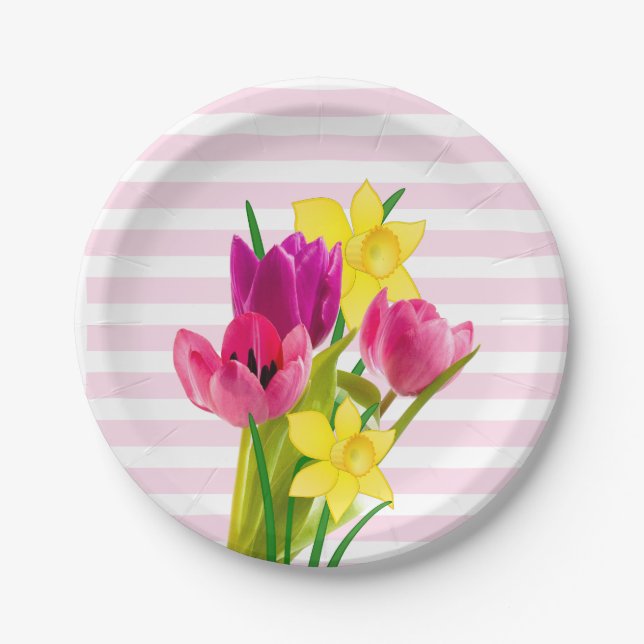 Spring Style Pink Tulips and Daffodils Holiday Paper Plates (Front)
