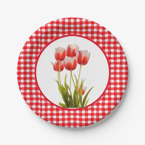 Spring Style Red Tulip with Gingham Party Paper Plates