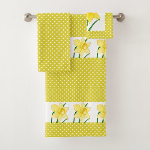 Spring Style Yellow White Polka Dot with Daffodils Bath Towel Set