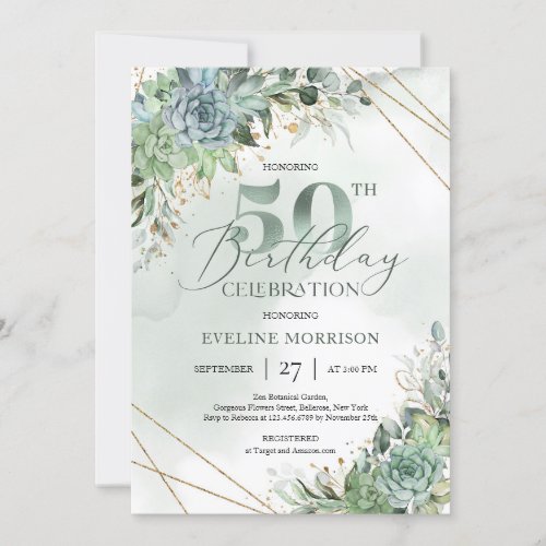 Spring succulents eucalyptus gold 50th birthday invitation