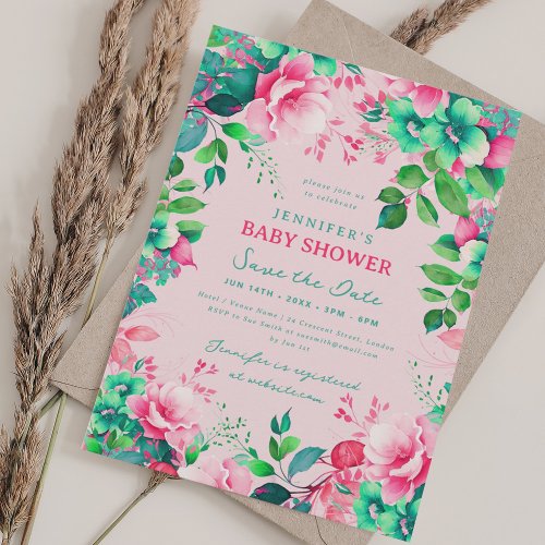 Spring Summer Floral Baby Shower Save Date Blush Invitation