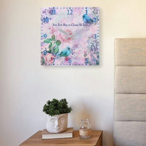 Spring Summer Floral Birds Wildflower Rose Garden Square Wall Clock