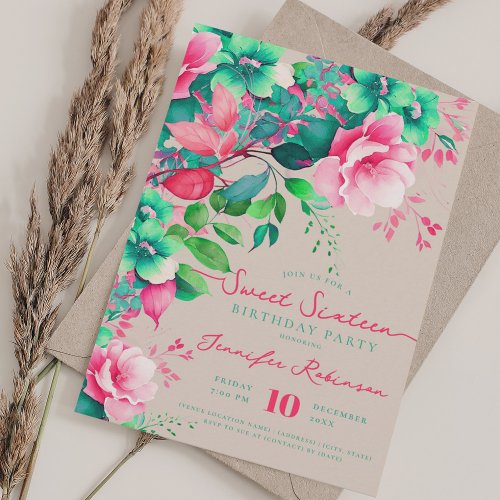 Spring Summer Floral Sweet 16 Birthday Champagne  Invitation