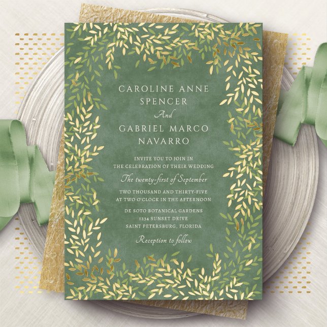 Spring Summer Foliage Leaves Green Wedding Foil Invitation (Creator Uploaded)