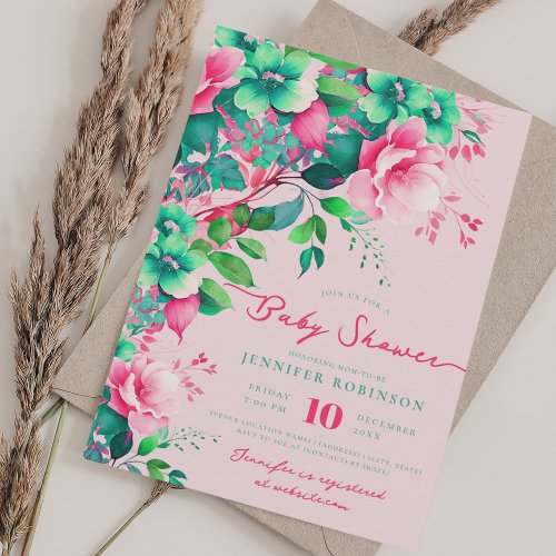 Spring Summer Garden Floral Baby Shower Blush Pink Invitation