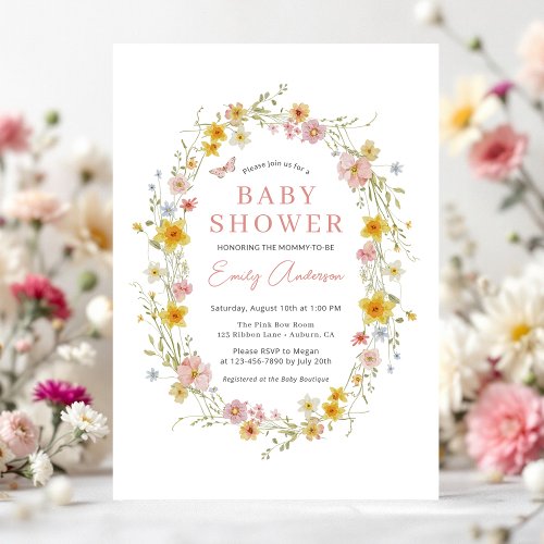 Spring Wildflower Pink baby shower invitation