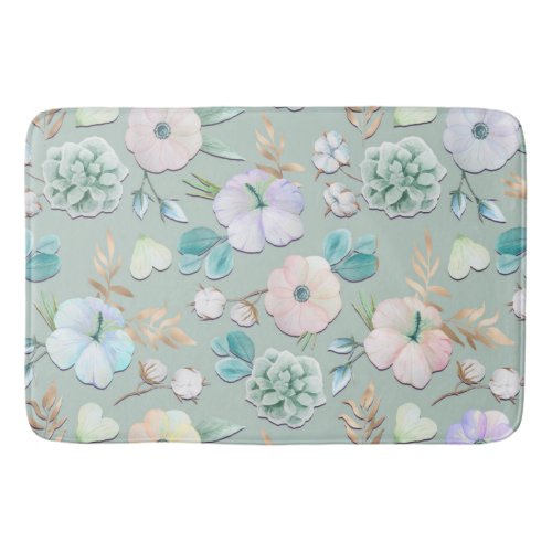 Spring Summer Mint Green Gold Lialc Pink Floral Bath Mat