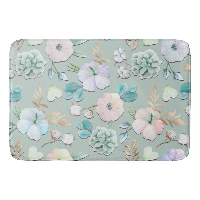 Spring Summer Mint Green Gold Lialc Pink Floral Bath Mat (Front)