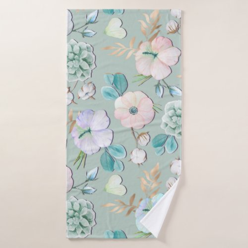 Spring Summer Mint Green Gold Lialc Pink Floral Bath Towel