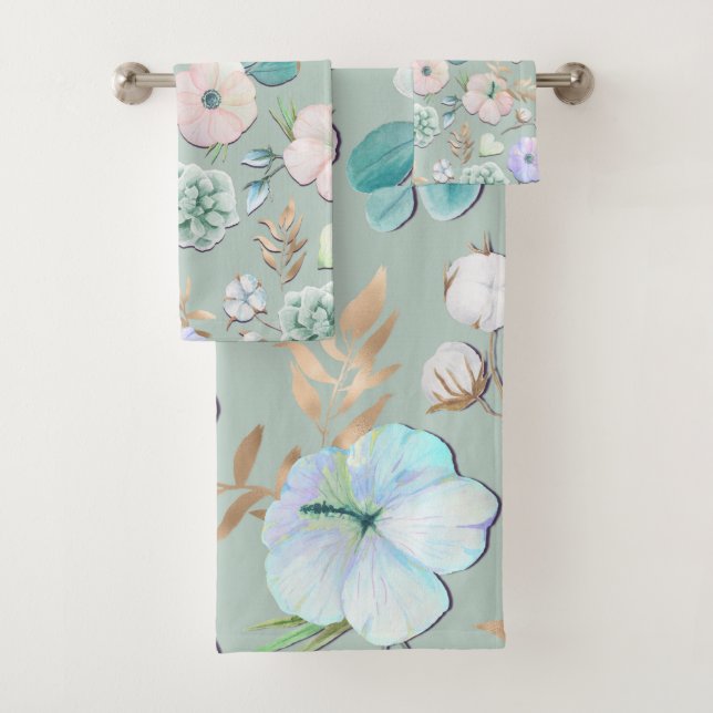 Spring Summer Mint Green Gold Lialc Pink Floral Bath Towel Set (Insitu)