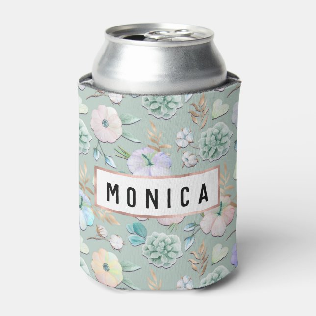 Spring Summer Mint Green Gold Lialc Pink Floral Can Cooler (Can Front)