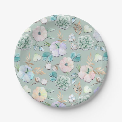 Spring Summer Mint Green Gold Lialc Pink Floral Paper Plates