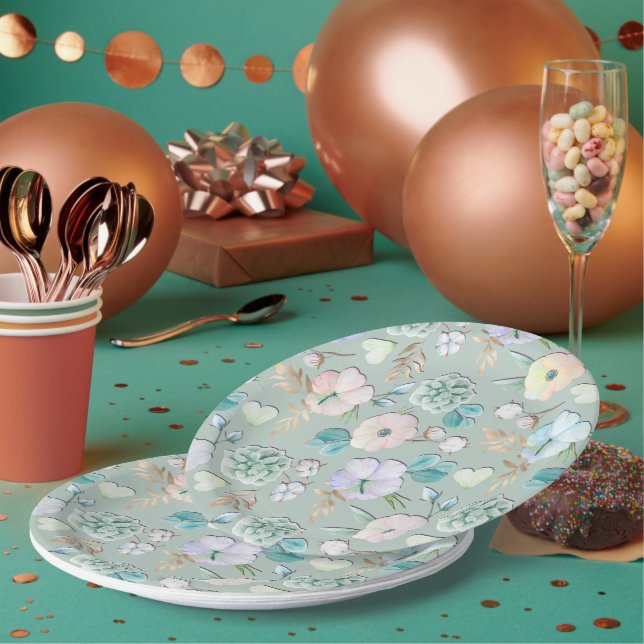 Spring Summer Mint Green Gold Lialc Pink Floral Paper Plates (Multi)