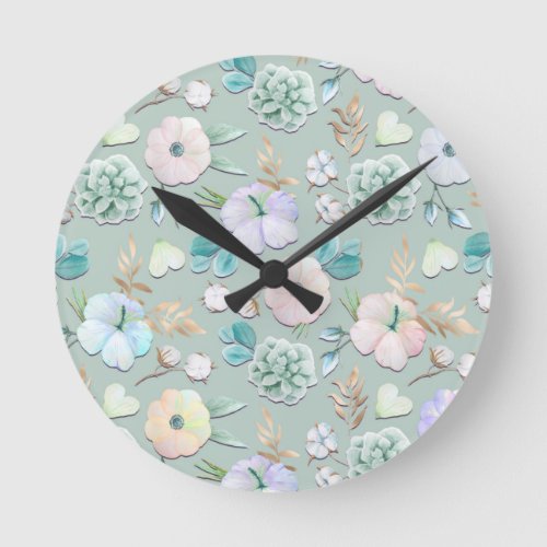 Spring Summer Mint Green Gold Lialc Pink Floral Round Clock