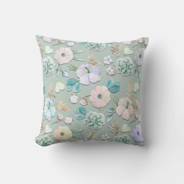 Spring Summer Mint Green Gold Lialc Pink Floral Throw Pillow (Front)
