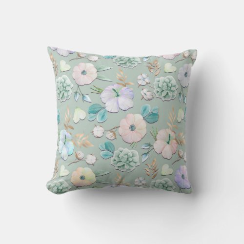 Spring Summer Mint Green Gold Lialc Pink Floral Throw Pillow