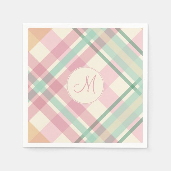 spring summer mint pastels plaid with monogram paper napkins