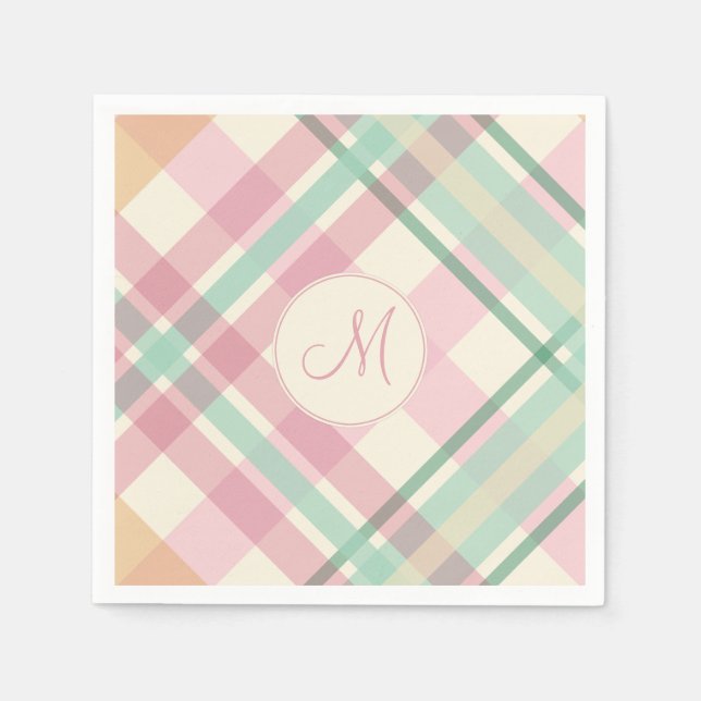 spring summer mint pastels plaid with monogram paper napkins (Front)