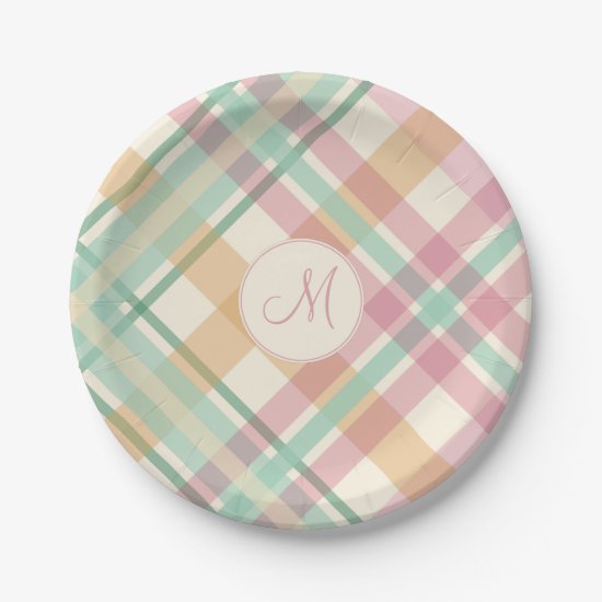 spring summer mint pastels plaid with monogram paper plates
