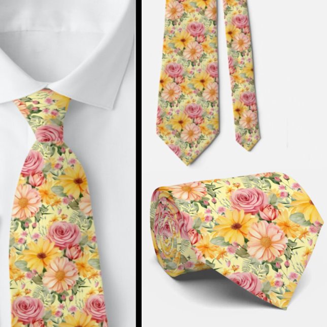 Spring Summer Pink and Yellow Floral Neck Tie (Creator Uploaded)