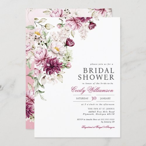 Spring Summer Pink Wine Blush Floral Bridal Shower Invitation