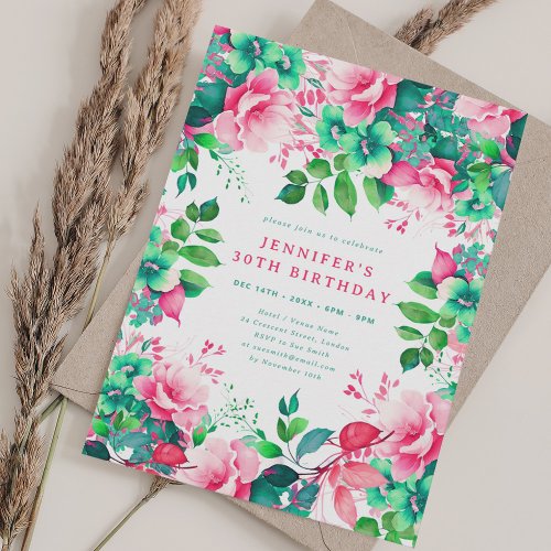 Spring Summer Watercolor Floral 30th Birthday  Invitation