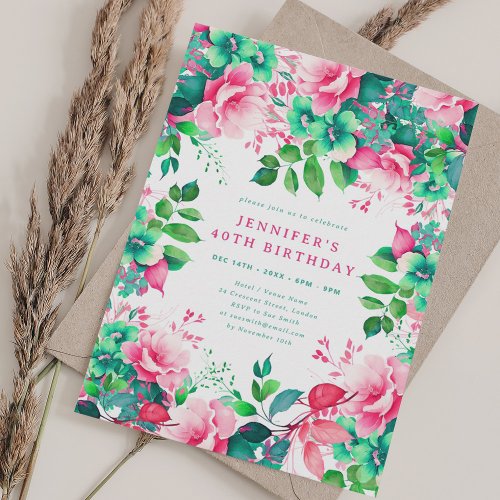 Spring Summer Watercolor Floral 40th Birthday  Invitation