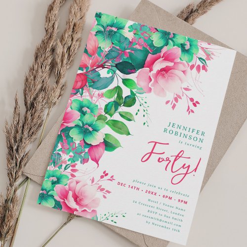 Spring Summer Watercolor Floral 40th Birthday  Invitation