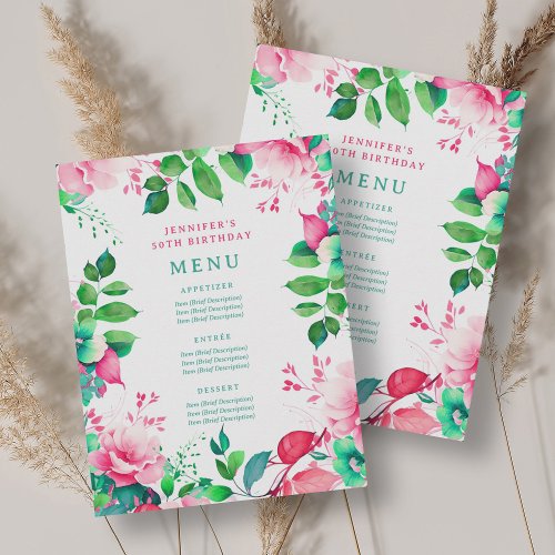 Spring Summer Watercolor Floral 50th Birthday Menu Invitation