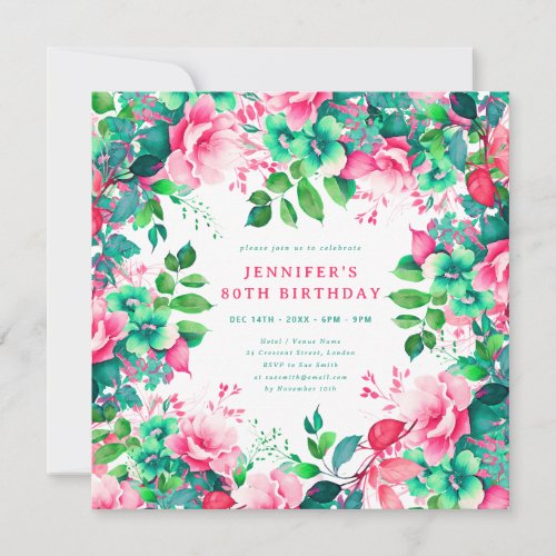 Spring Summer Watercolor Floral 80th Birthday  Invitation