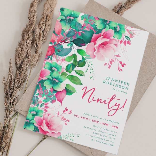 Spring Summer Watercolor Floral 90th Birthday  Invitation (Spring Summer Watercolor Floral 90th Birthday Invitation)